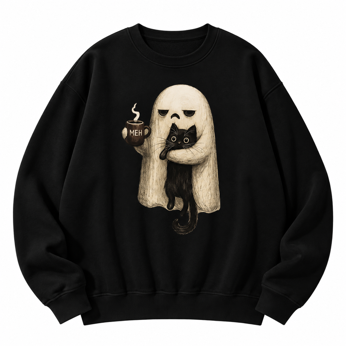 Meh Ghost Cat Halloween T-Shirt/Sweatshirt/Hoodie – Funny Black Cat Coffee Spooky Graphic Tee