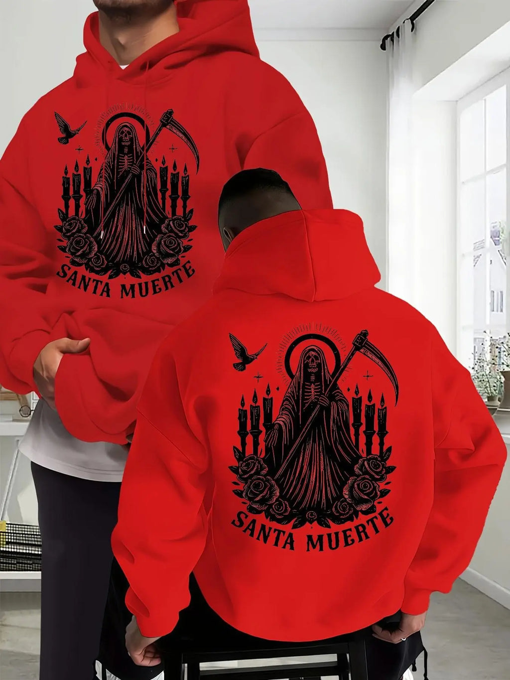 Santa Muerte Gothic Hoodie/Sweatshirt/T-shirt – Skull Rose & Scythe Front Back Graphic Pullover Sweatshirt
