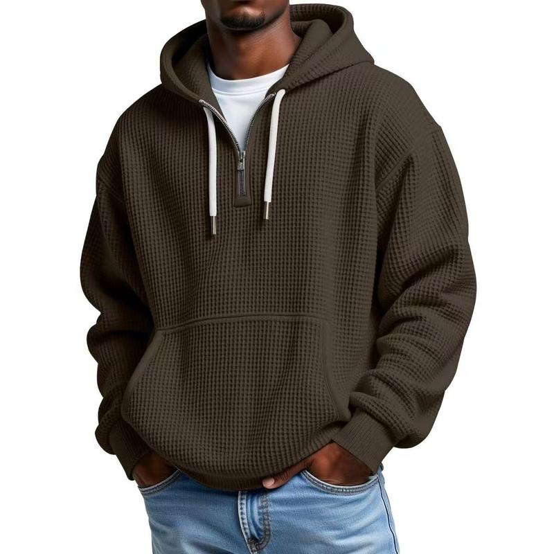 Men’s Waffle Knit Half-Zip Hoodie – Casual Textured Pullover with Kangaroo Pocket & Drawstring