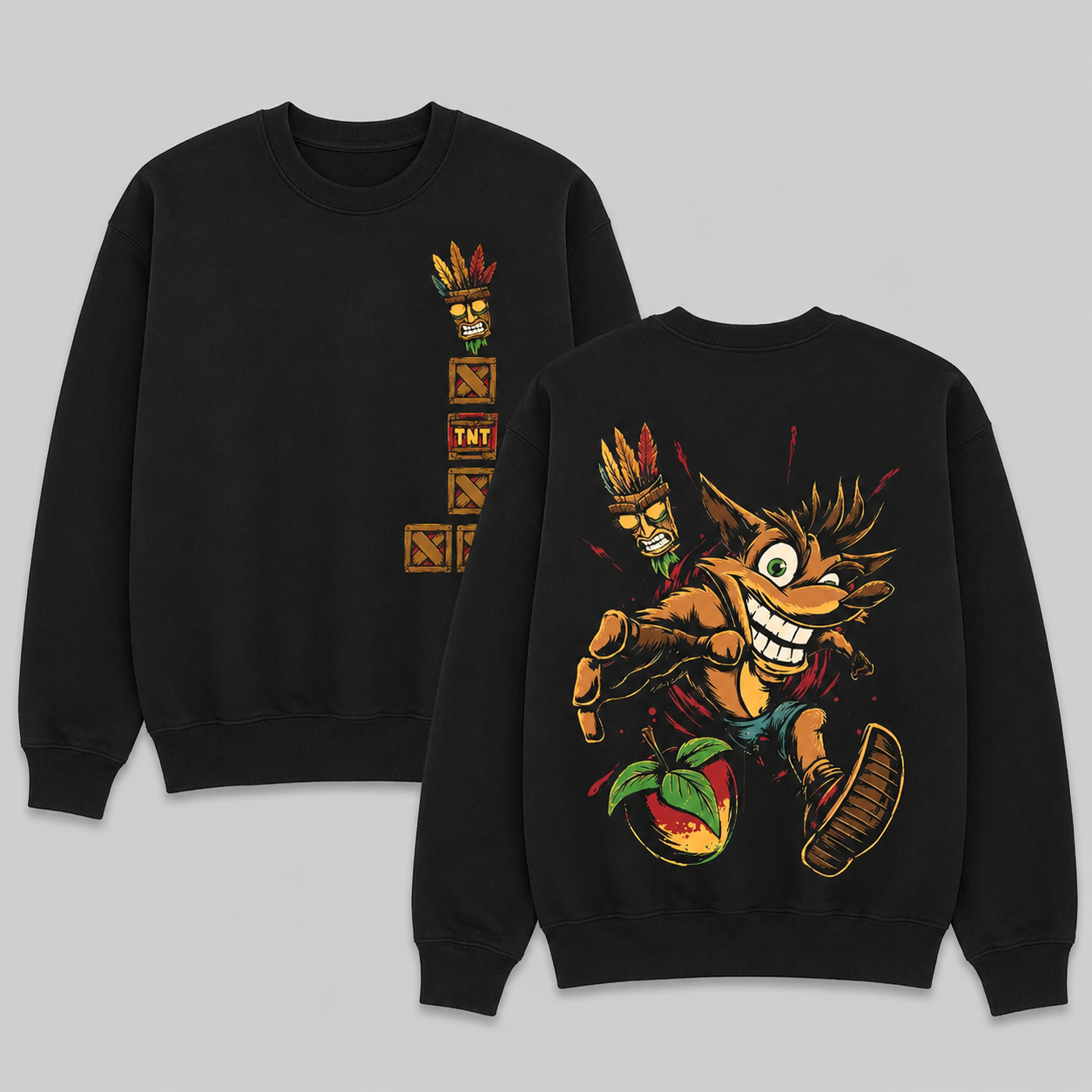 Crash Bandicoot Vintage Washed T-Shirt/Sweatshirt/Hoodie – Aku Aku Front & Back Graphic Tee, Retro Gaming Streetwear