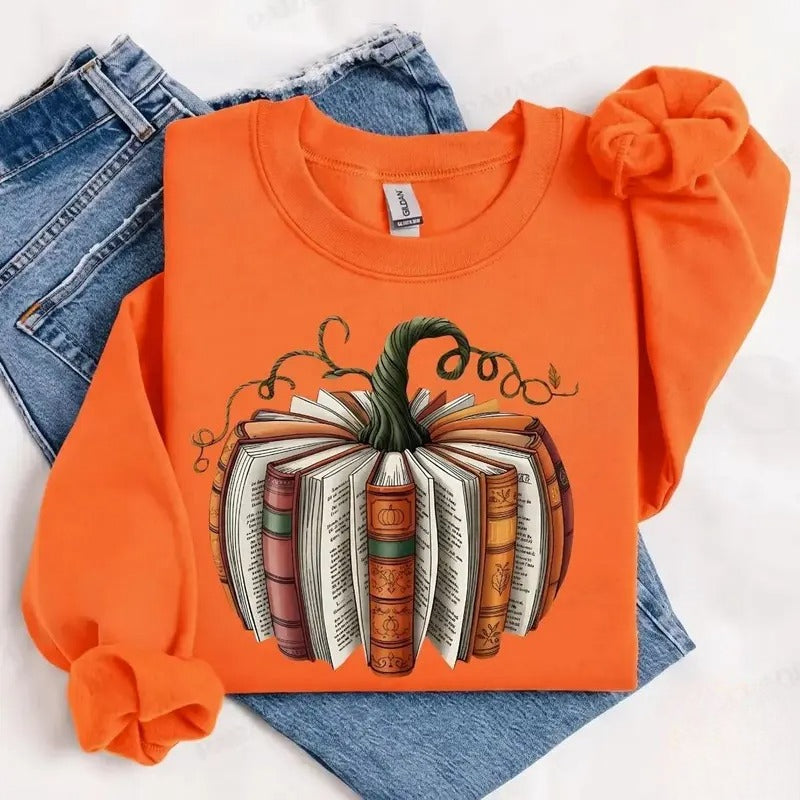 Book Pumpkin Fall Graphic T-Shirt, Sweatshirt & Hoodie – Cozy Autumn Book Lover & Bookworm Reading Apparel
