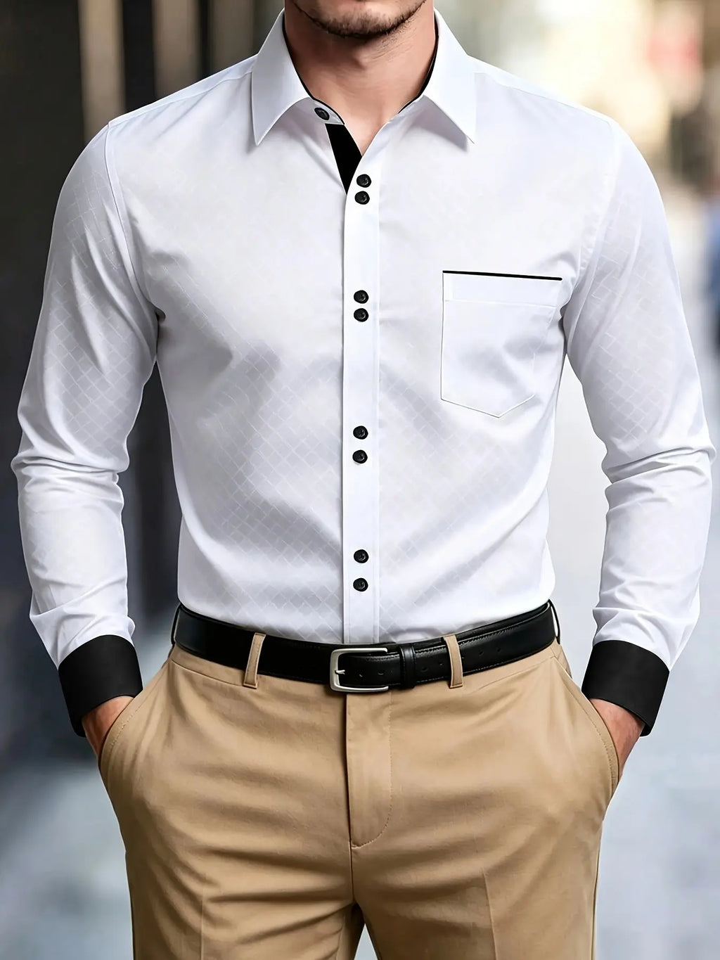 Men’s Diamond Pattern Button-Down Shirt – Slim Fit Long Sleeve Dress Shirt