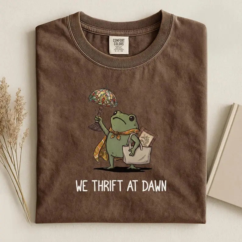 We Thrift At Dawn Funny Frog Graphic T-Shirt, Sweatshirt & Hoodie – Thrift Lover Vintage Treasure Hunting Tee