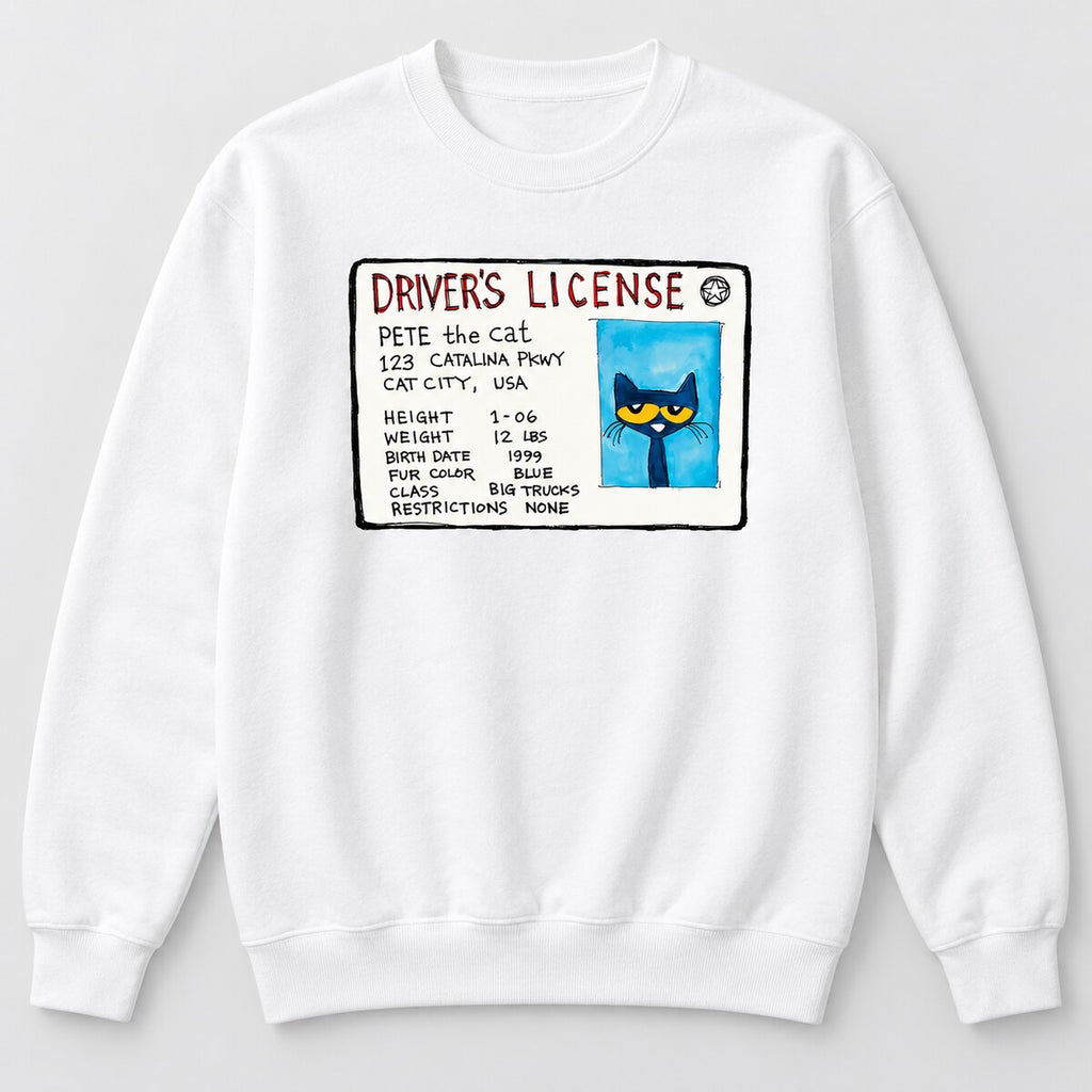 Pete the Cat Driver’s License Graphic T-Shirt, Sweatshirt & Hoodie – Funny Cartoon Cat ID Card Print, Back to School Humor, Retro Childhood Inspired Gift