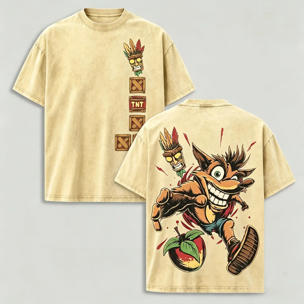 Crash Bandicoot Vintage Washed T-Shirt/Sweatshirt/Hoodie – Aku Aku Front & Back Graphic Tee, Retro Gaming Streetwear