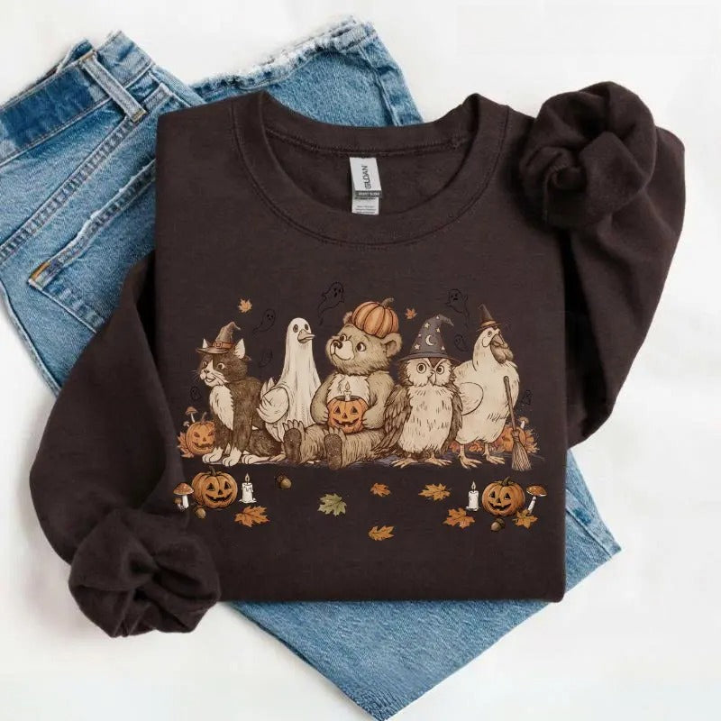Cute Halloween Animal Friends T-Shirt, Sweatshirt & Hoodie – Vintage Spooky Bear, Cat & Ghost Graphic Print