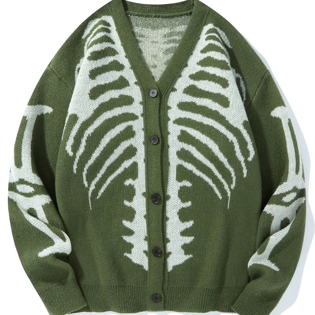 Men’s Skeleton Rib Cage Knit Cardigan – Gothic V-Neck Button-Up Sweater, Oversized Halloween Streetwear
