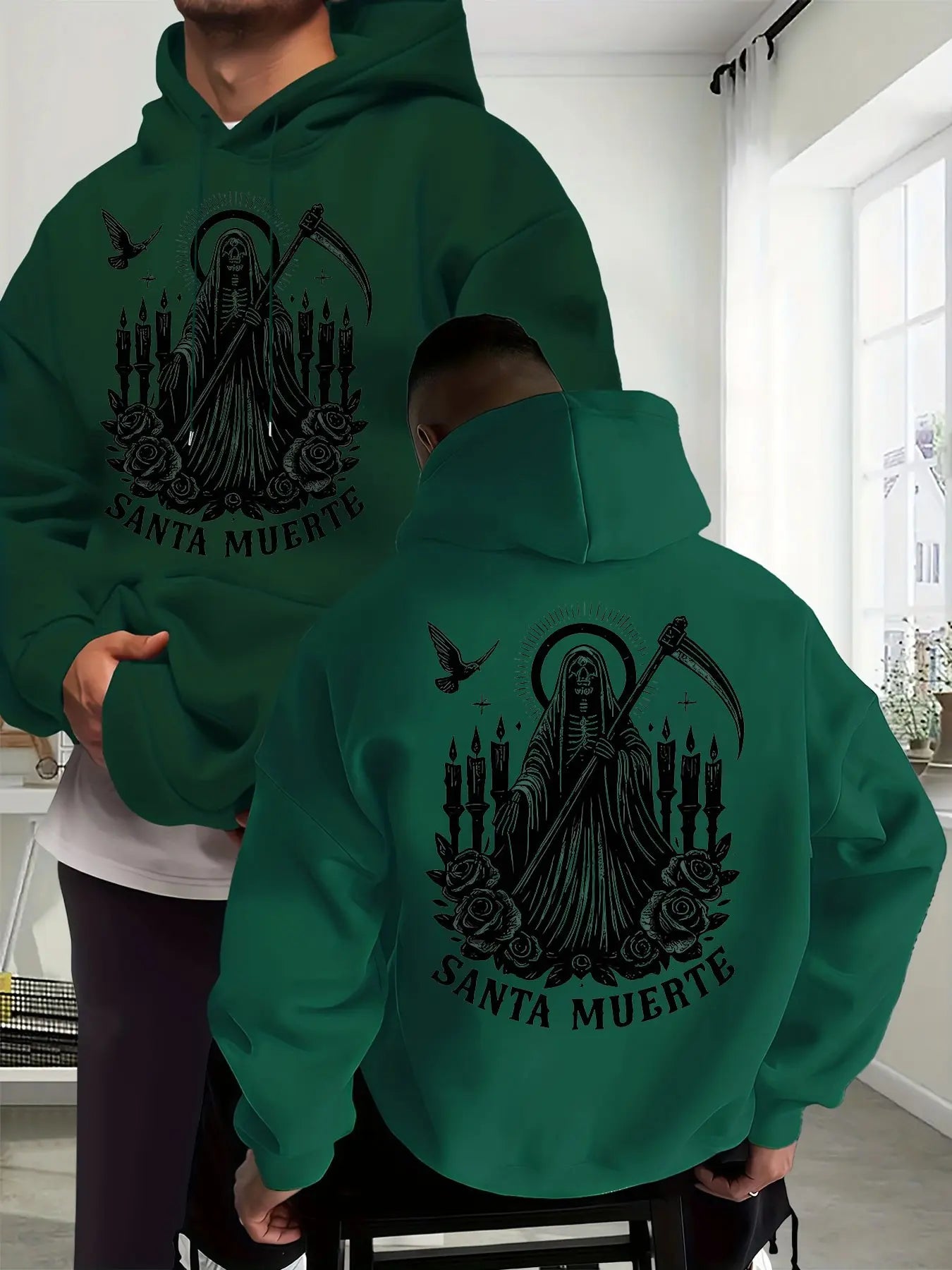 Santa Muerte Gothic Hoodie/Sweatshirt/T-shirt – Skull Rose & Scythe Front Back Graphic Pullover Sweatshirt