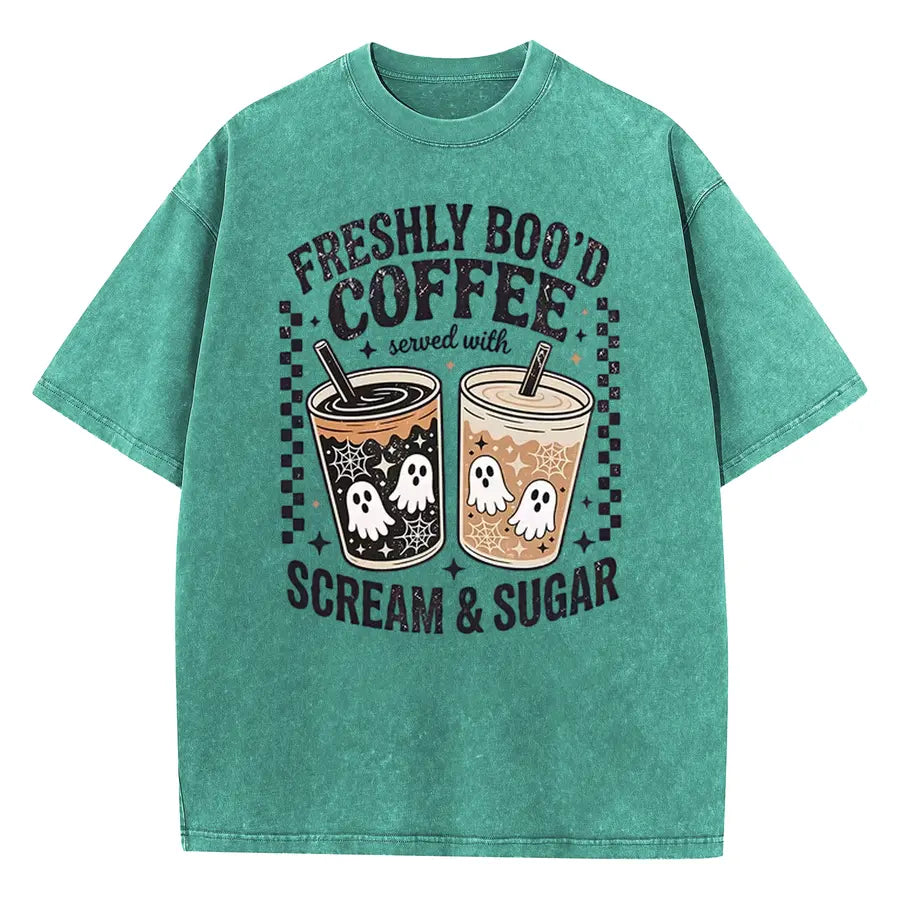 Freshly Boo’d Coffee Halloween T-Shirt/Sweatshirt/Hoodie – Ghost Coffee Scream & Sugar Graphic Tee