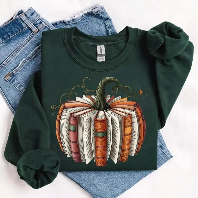 Book Pumpkin Fall Graphic T-Shirt, Sweatshirt & Hoodie – Cozy Autumn Book Lover & Bookworm Reading Apparel