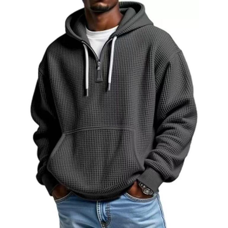 Men’s Waffle Knit Half-Zip Hoodie – Casual Textured Pullover with Kangaroo Pocket & Drawstring