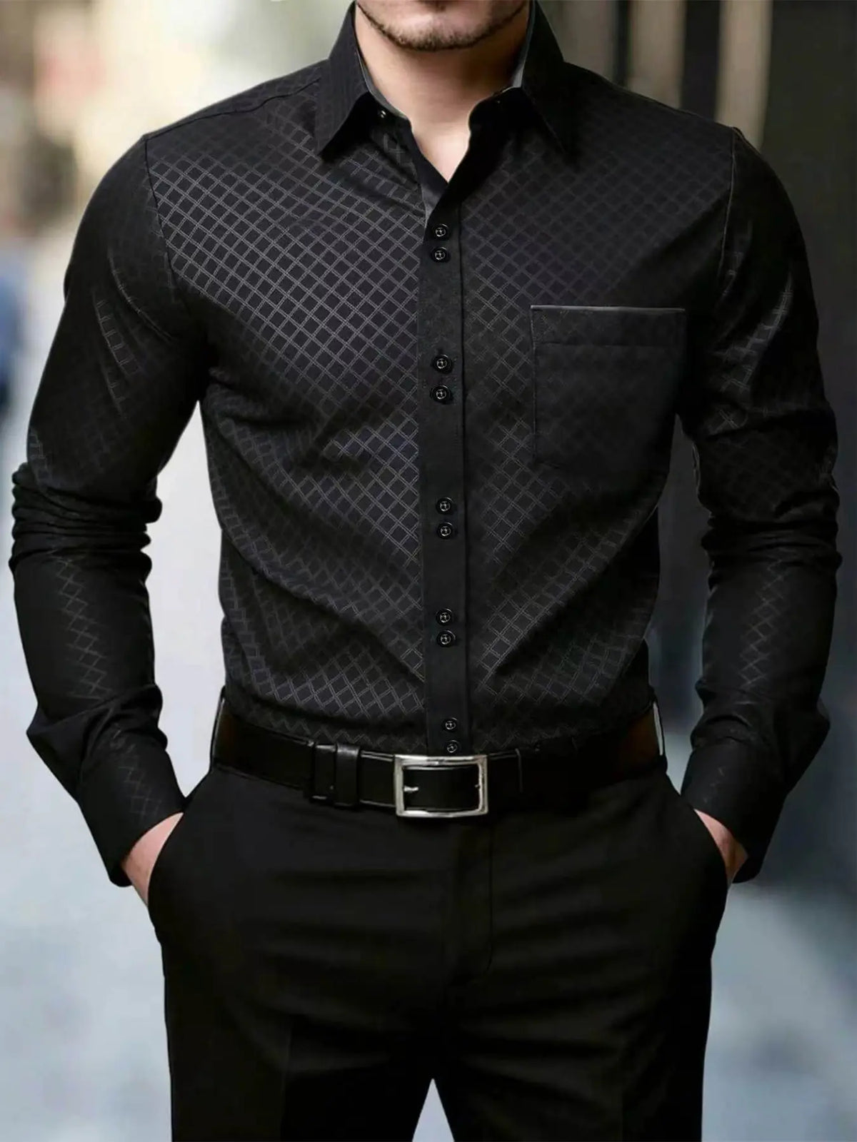 Men’s Diamond Pattern Button-Down Shirt – Slim Fit Long Sleeve Dress Shirt