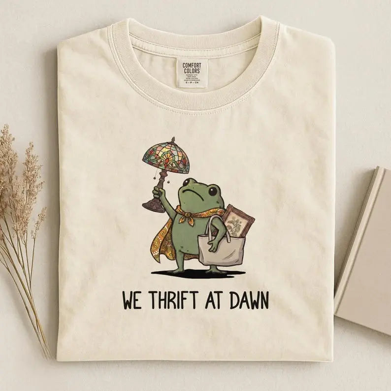 We Thrift At Dawn Funny Frog Graphic T-Shirt, Sweatshirt & Hoodie – Thrift Lover Vintage Treasure Hunting Tee
