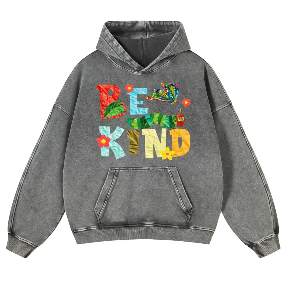 Be Kind Caterpillar Graphic T-Shirt, Sweatshirt & Hoodie – Colorful Butterfly & Flower Collage Print, Positive Kindness Quote, Retro Cute Casual Graphic Top