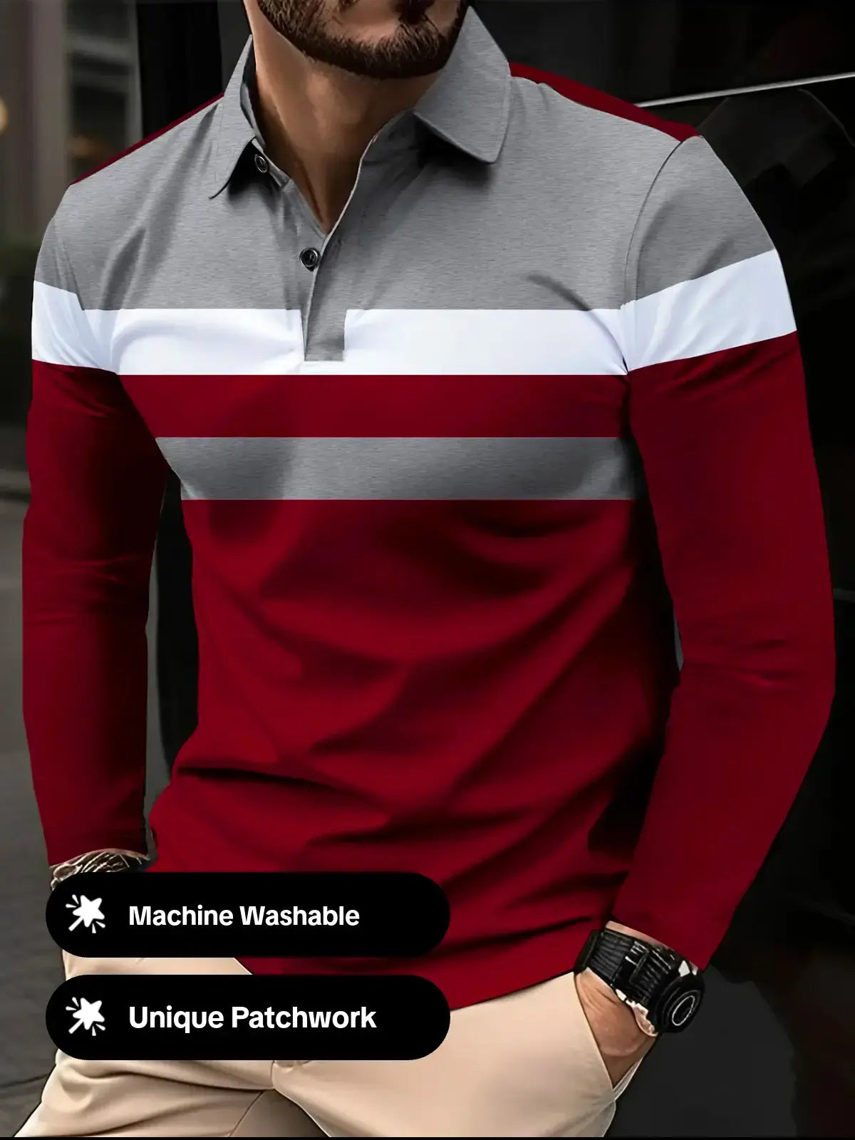 Men’s Color Block Long Sleeve Polo Shirt – Classic Button Collar Smart Casual Top