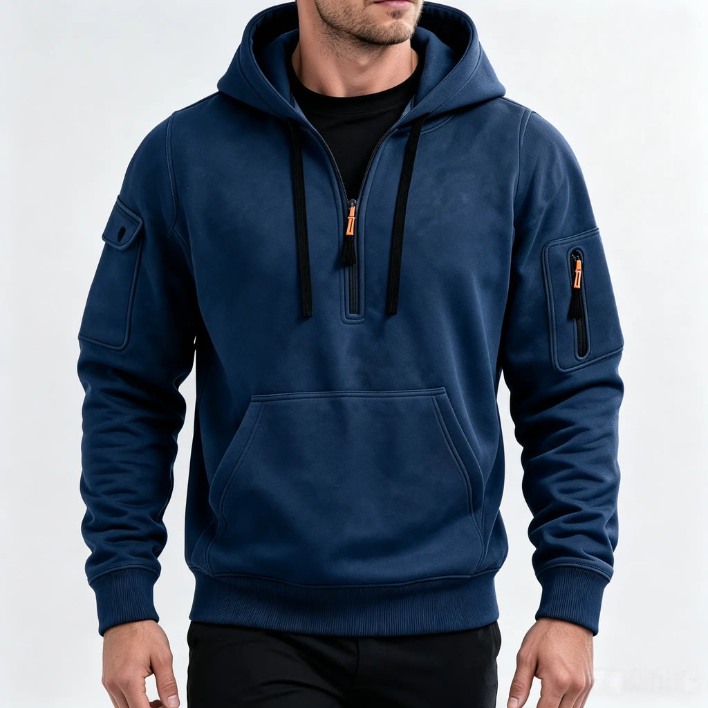 Men’s Fleece-Lined Utility Half-Zip Hoodie – Warm Workwear Pullover with Sleeve & Kangaroo Pockets