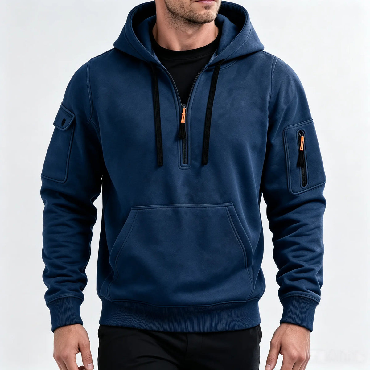 Men’s Fleece-Lined Utility Half-Zip Hoodie – Warm Workwear Pullover with Sleeve & Kangaroo Pockets
