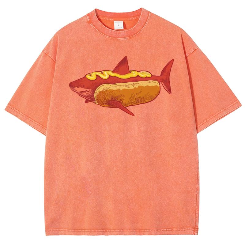 Shark Hot Dog T Shirt/Hoodie/Sweatshirt, Funny Food Meme Graphic Tee, Vintage Washed Shark Shirt, Weirdcore Ocean Animal Shirt, Cute Gift for Shark Lovers & Foodies