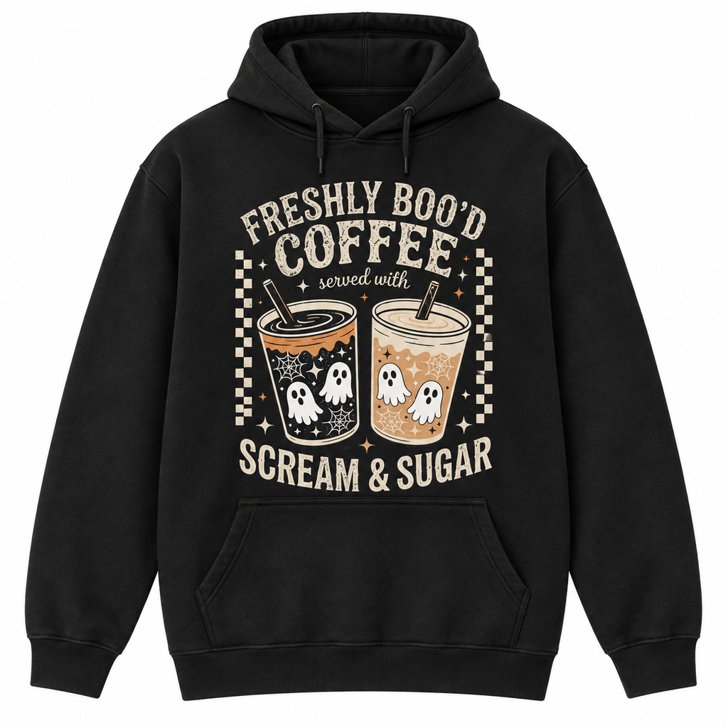 Freshly Boo’d Coffee Halloween T-Shirt/Sweatshirt/Hoodie – Ghost Coffee Scream & Sugar Graphic Tee