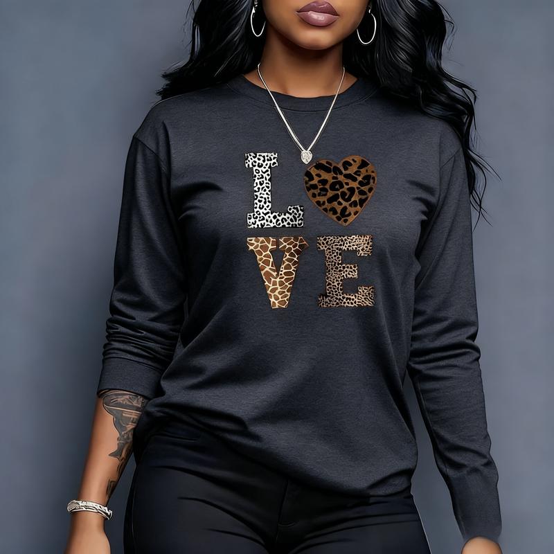 Leopard Print LOVE Long Sleeve Shirt/Sweatshirt/Hoodie – Women's Red Heart Graphic Casual Top