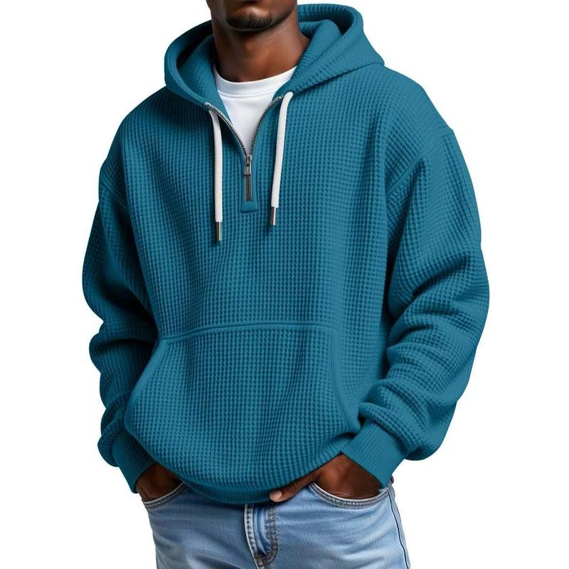 Men’s Waffle Knit Half-Zip Hoodie – Casual Textured Pullover with Kangaroo Pocket & Drawstring
