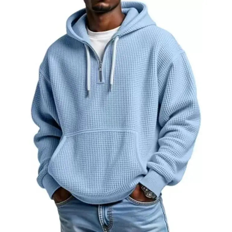 Men’s Waffle Knit Half-Zip Hoodie – Casual Textured Pullover with Kangaroo Pocket & Drawstring
