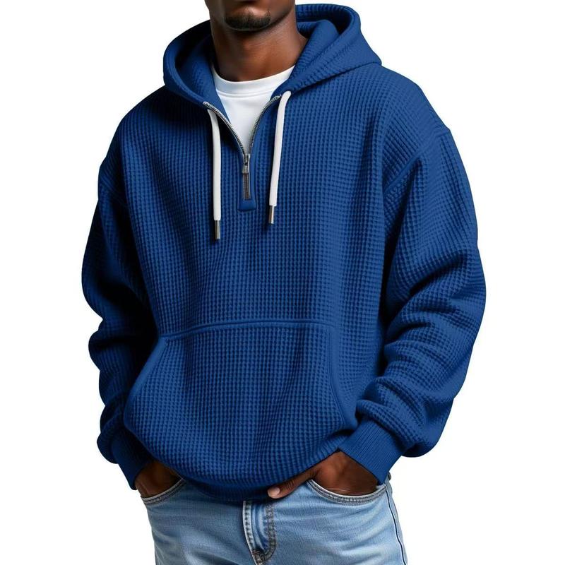 Men’s Waffle Knit Half-Zip Hoodie – Casual Textured Pullover with Kangaroo Pocket & Drawstring