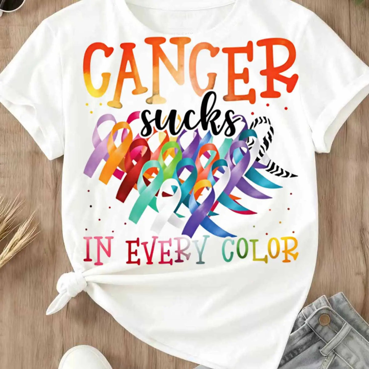 Cancer Sucks In Every Color T-Shirt/Sweatshirt/Hoodie – Multicolor Cancer Awareness Ribbon Graphic Tee