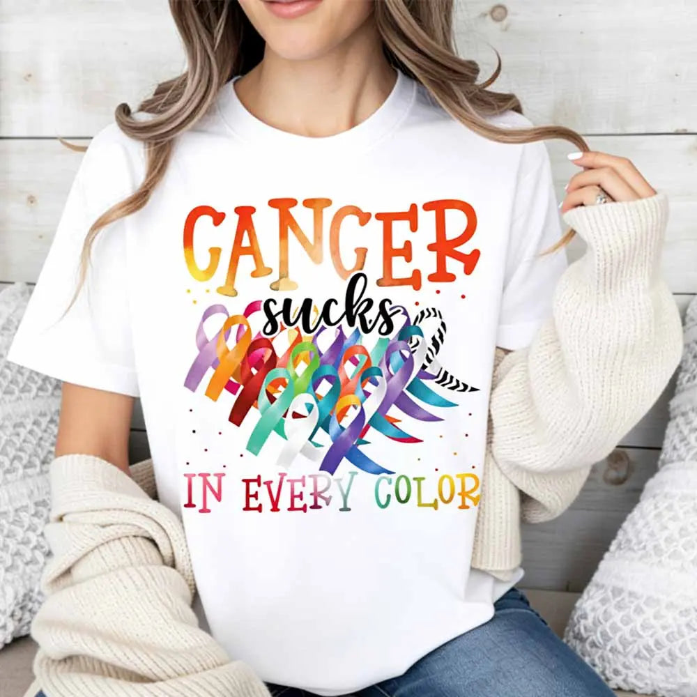 Cancer Sucks In Every Color T-Shirt/Sweatshirt/Hoodie – Multicolor Cancer Awareness Ribbon Graphic Tee