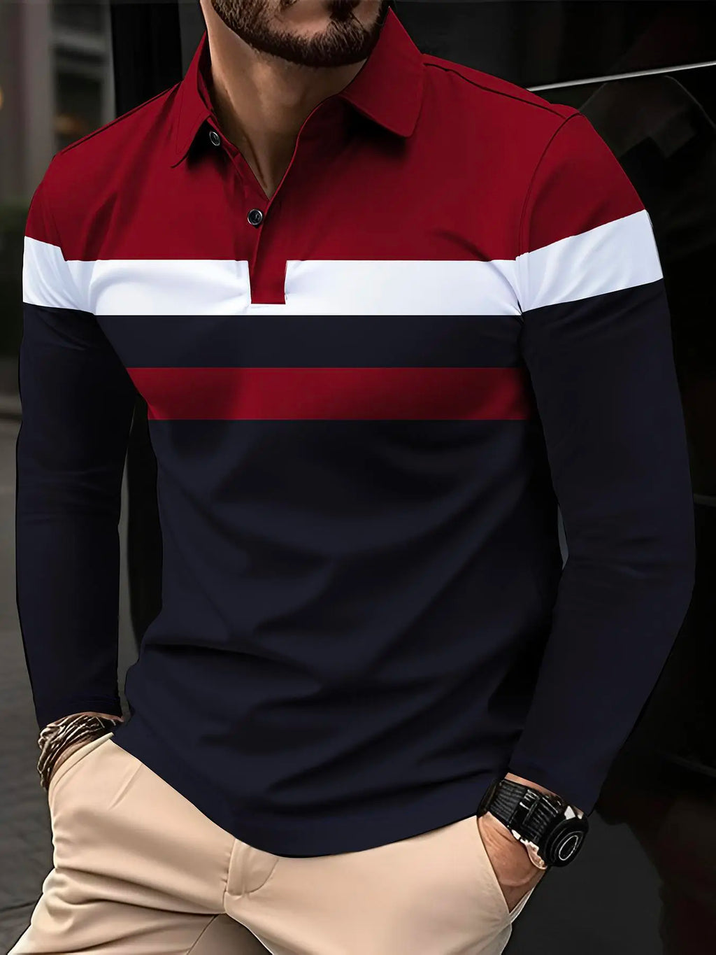 Men’s Color Block Long Sleeve Polo Shirt – Classic Button Collar Smart Casual Top
