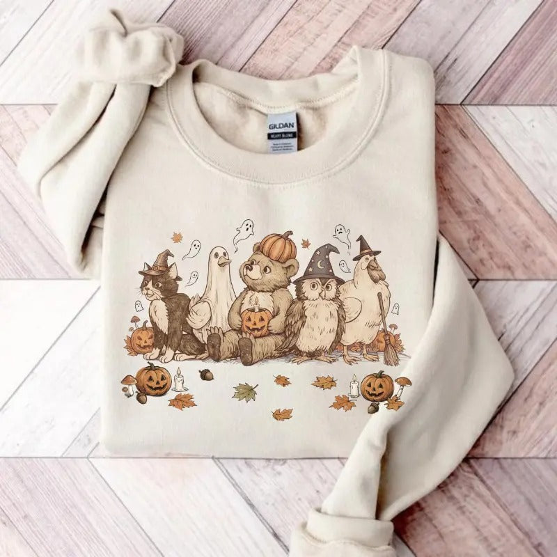 Cute Halloween Animal Friends T-Shirt, Sweatshirt & Hoodie – Vintage Spooky Bear, Cat & Ghost Graphic Print