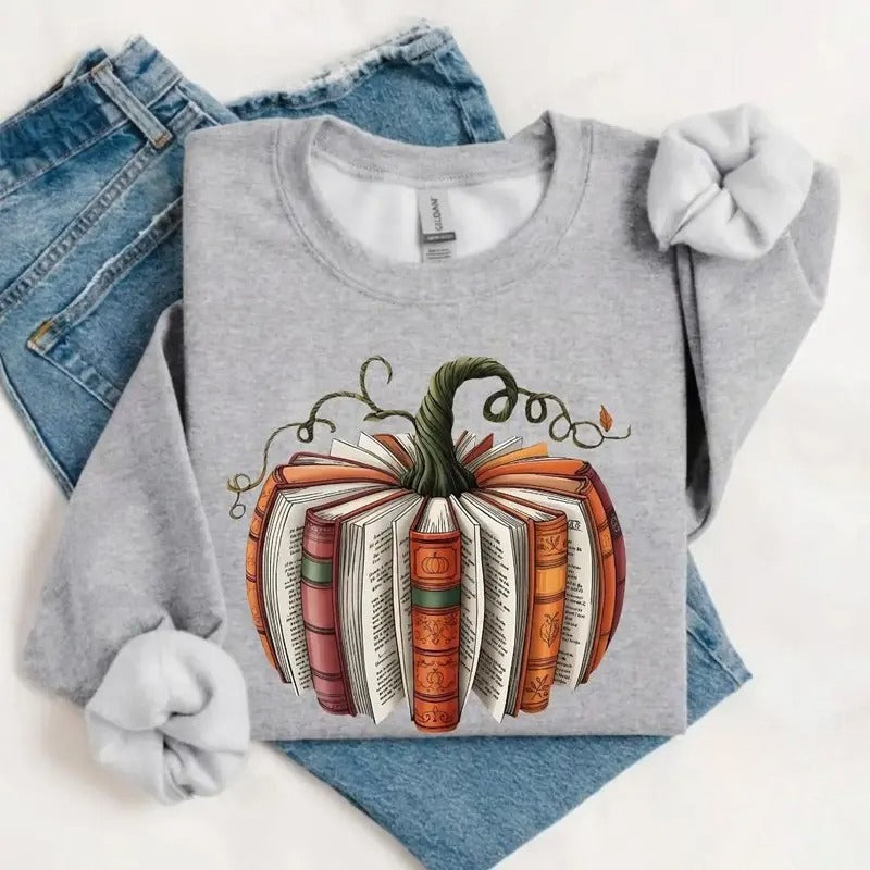 Book Pumpkin Fall Graphic T-Shirt, Sweatshirt & Hoodie – Cozy Autumn Book Lover & Bookworm Reading Apparel