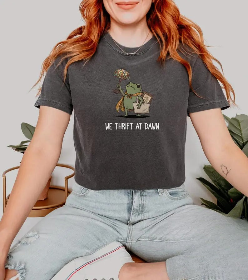 We Thrift At Dawn Funny Frog Graphic T-Shirt, Sweatshirt & Hoodie – Thrift Lover Vintage Treasure Hunting Tee
